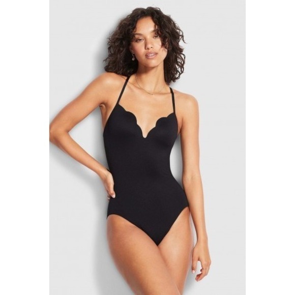 Seafolly Petal Edge Sweetheart One Piece Swimsuit Black US Size 8 Beach Classic - Picture 1 of 9
